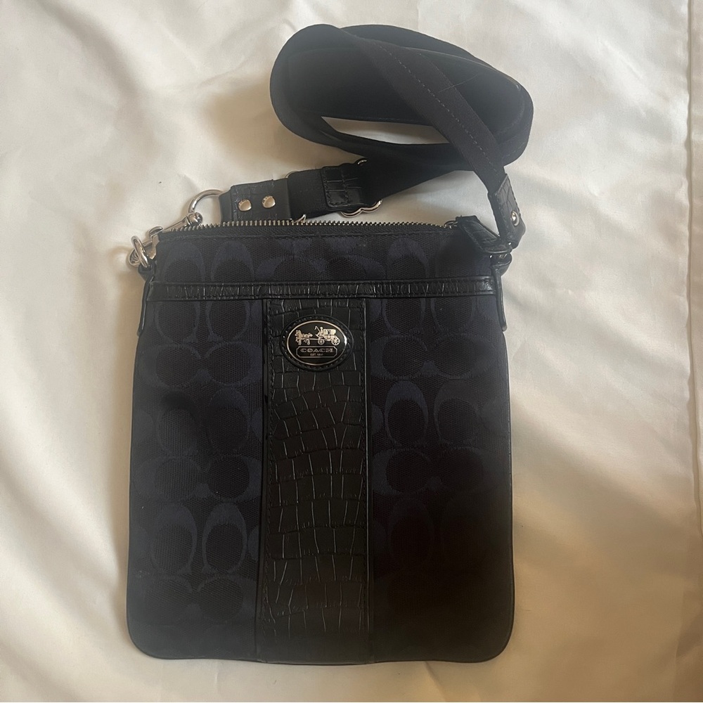 Coach Black Signature Crossbody with Leather Croc-Embossed Trim